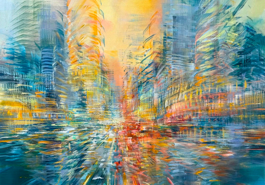 An abstract oil painting on canvas depicting a city street at night with blurred skyscrapers and reflections, rendered in blue, yellow, orange, and white brushstrokes. Text below reads 'Evening Light' with 'Oil on canvas' and dimensions.