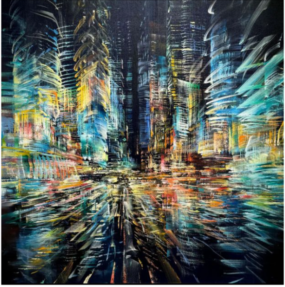 An abstract cityscape painting featuring tall skyscrapers with vibrant, expressive brushstrokes in blue, yellow, orange, white, and black, depicting a reflective wet street scene.