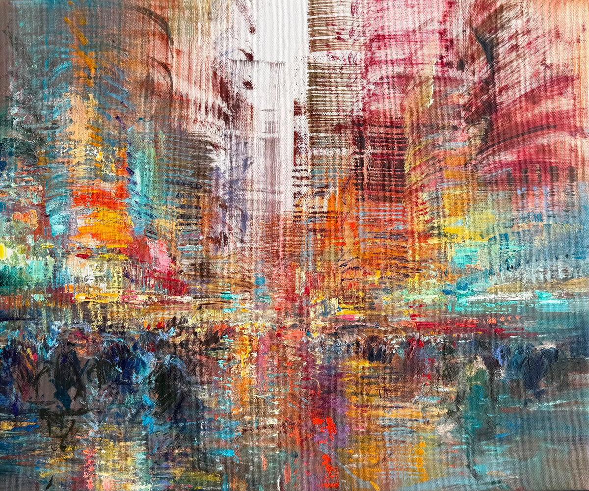 An abstract painting depicting a bustling city street with tall buildings, vibrant reflections, and energetic brushstrokes in red, orange, yellow, blue, and white.