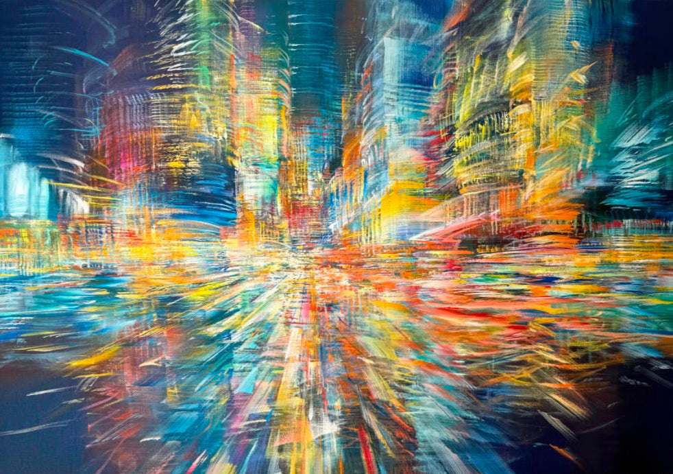 Abstract oil painting on canvas depicting a blurred city street with vibrant streaks of blue, yellow, orange, and white light reflections, shown with text details below on a white background.