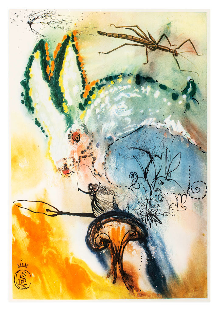 rabbit and Alice above a mushroom Alice in Wonderland interpretation by Dali