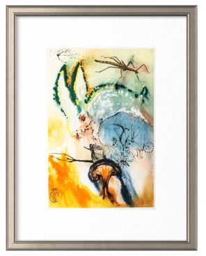 Framed abstract art print featuring a rabbit and a grasshopper in expressive watercolor and line work, set within a white mat and a silver-toned frame on a white background.
