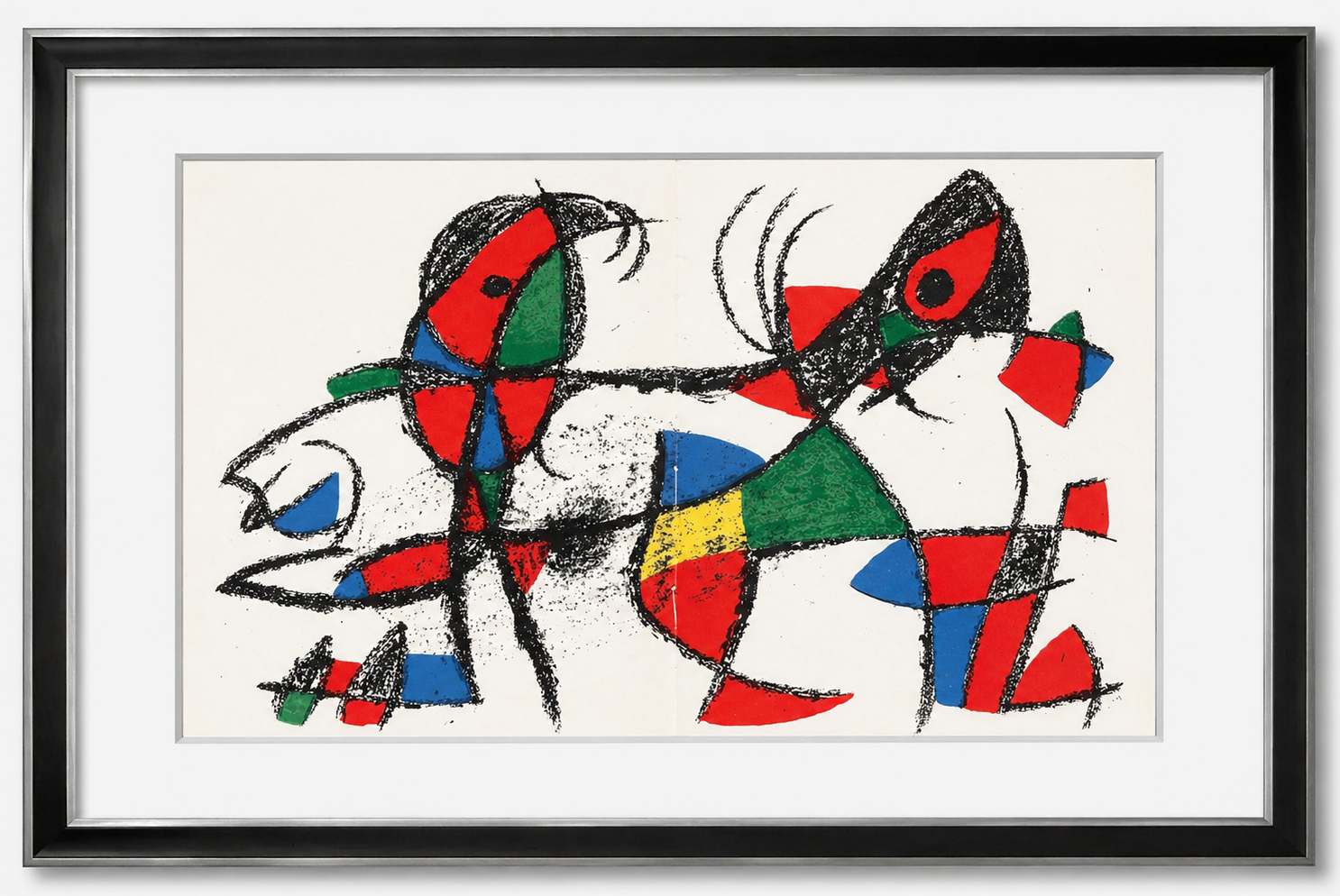 Abstract artwork with geometric shapes in red, blue, green, and black on a white background.