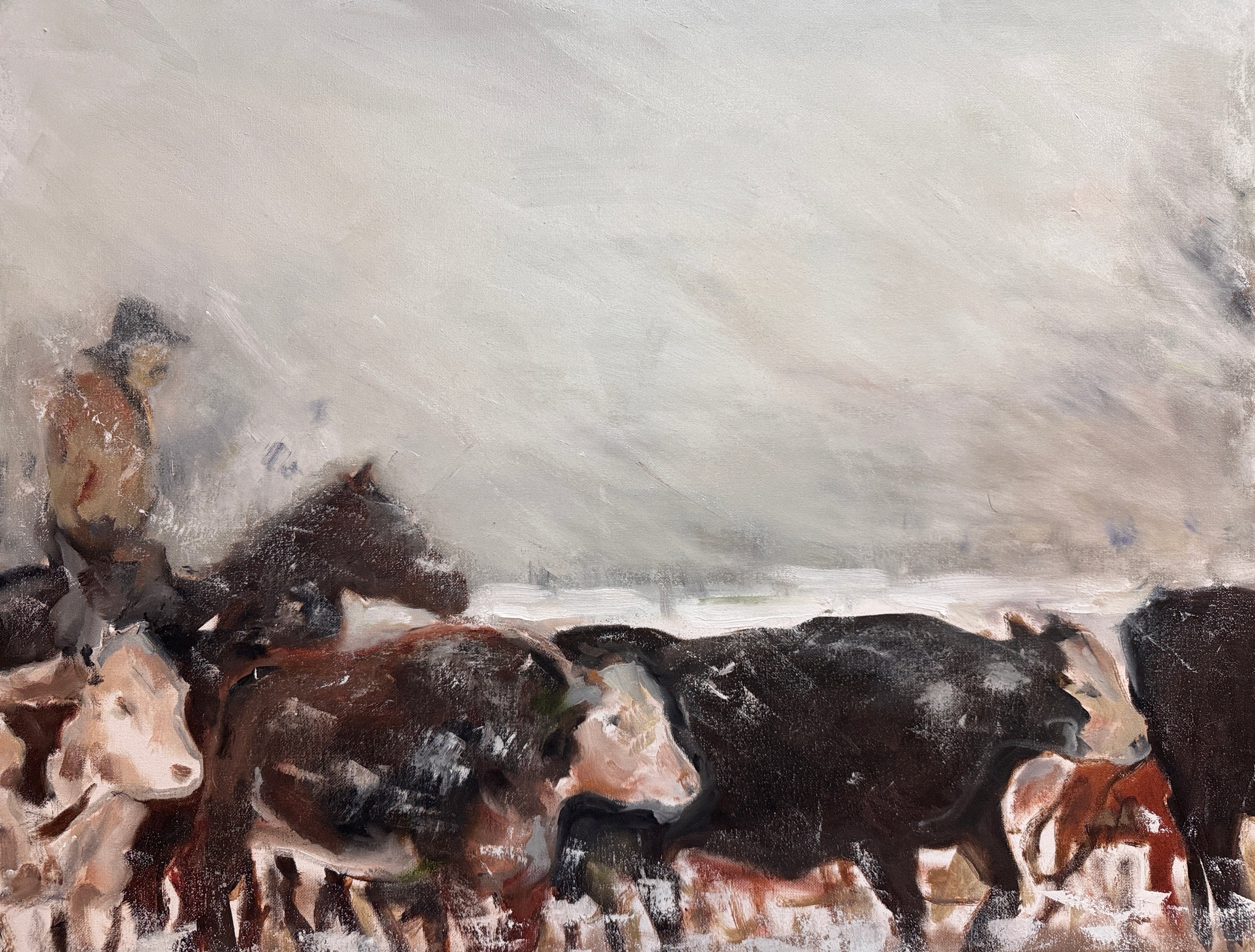 An impressionistic painting of a cowboy riding a horse and herding a group of cattle across a snowy landscape under a pale, overcast sky.