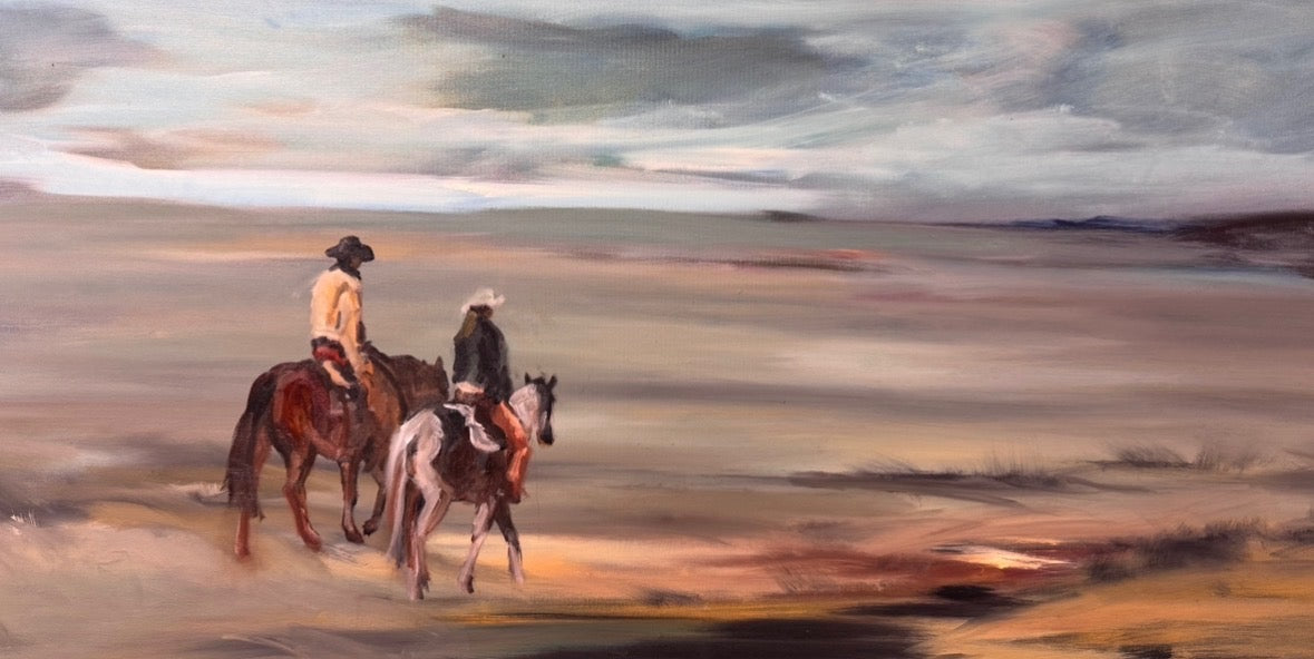 Western-style painting of two cowboys riding horses across a vast desert landscape under a cloudy sky, rendered in warm earth tones with brown, beige, orange, and gray.