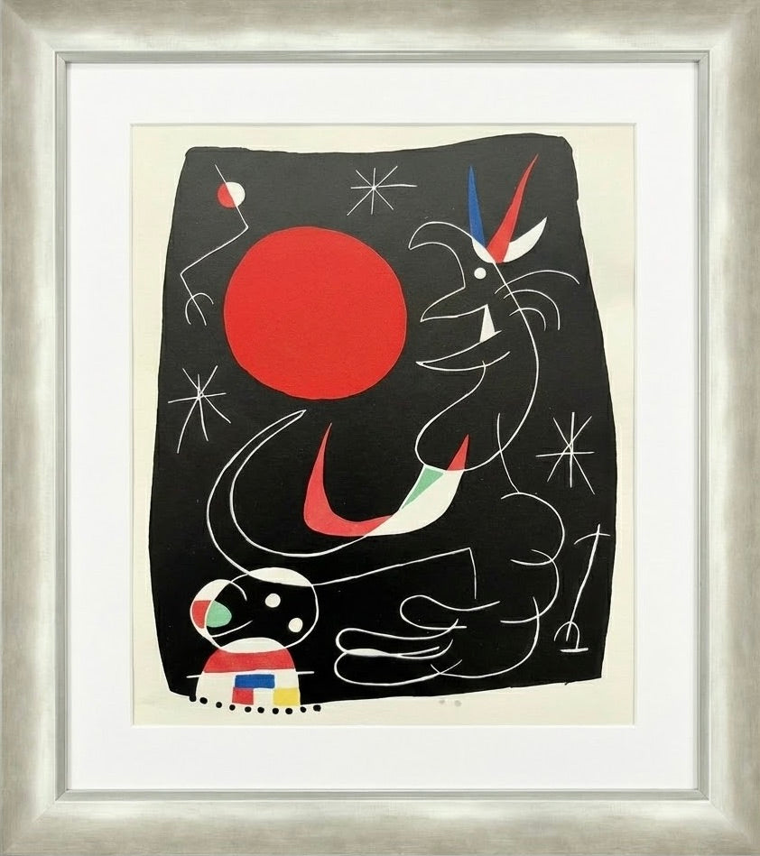 Framed abstract artwork with a red circle, black shapes, and colorful elements on a beige background.